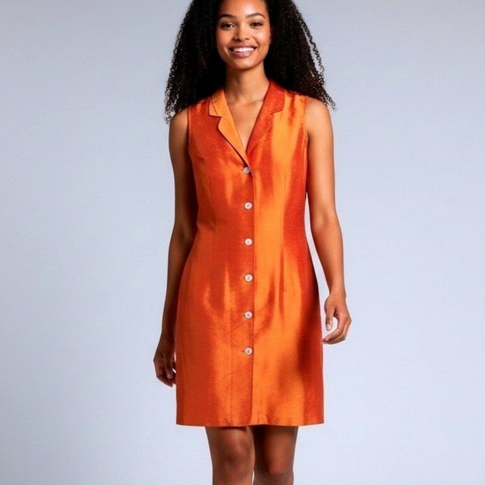 Robbie Bee Vintage 100% Silk Burnt Orange Iridescent Button Front Sheath Dress 6